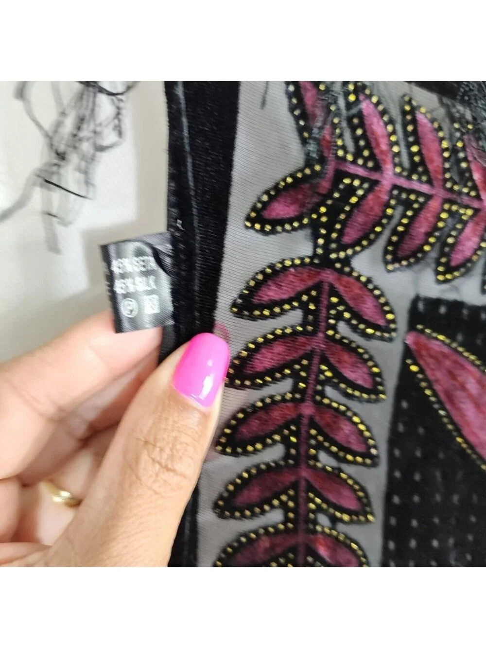 Black Pink Viscose Silk Flocked Scarf Wrap Fringe Lightweight Unbranded